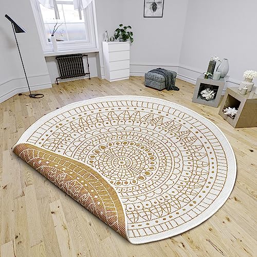 NORTHRUGS Porto Indoor and Outdoor Reversible Rug - Round, Flat Weave, Boho Design, Oeko-Tex, Weatherproof and UV-Resistant for Balcony, Patio, Garden - Ochre, Diameter 100 cm