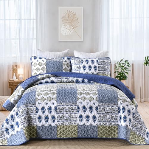 "Mybedsoul Blue Quilt Set King Size 3 Pieces Boho Plaid Aqua Blue Floral Bedspread Set Microfiber Lightweight Bohemian Bedding Set for All Season (1 Quilt + 2 Pillow Shams) 90""x104"""