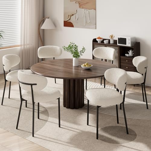 MALOL Dining Chairs Set of 6, Boucle Chairs for Dining Room with Metal Legs & Curved Backrest & Thick Cushion, Upholstered Teddy Fabric Sherpa Kitchen Chair with Anti-Slip Pads, Beige