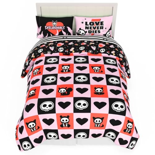 Skelanimals Bedding 7 Piece Full Spooky Bed Set, Soft Microfiber Checkered Comforter and Sheet Set with Sham, Kit The Cat, (Officially Licensed Product) by Franco Collectibles