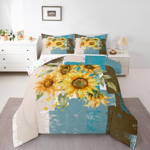 Feelyou Abstract Comforter Sunflowers Yellow Flroral Comforter Set for Boys Girls Children Grey Blue Brown Modern Abstract Art Bedding Set Room Decor Queen Size Duvet Set 3Pcs