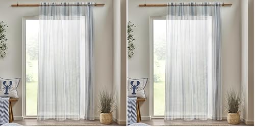 Catherine Lansfield Harbour Stripe 140 x 137 cm Slot Top Voile Curtain Panel White (Pack of 2)