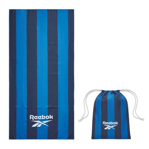 Reebok Sand Free Beach Towel - Quick Dry Microfibre Towel - Lightweight & Compact - Includes Carry Bag - Large Travel Towel for Pool, Gym & Travel Essentials - 90 x 180cm, Navy/Blue Stripe