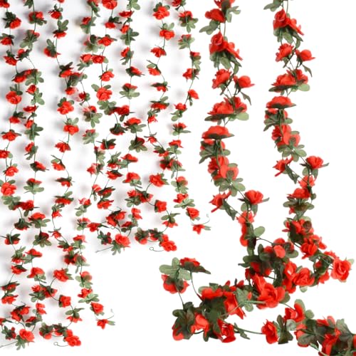 2pack Flower Garland Artificial Fake Rose Garland Vine Artificial Flowers for Decoration Floral Garlands Decor-Total 16 Ft (Red, 2)