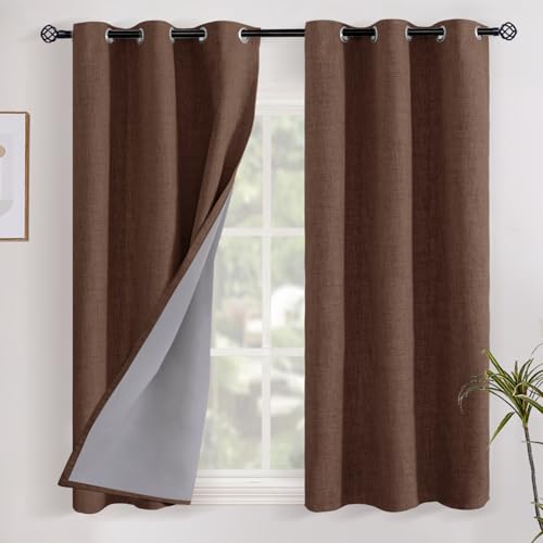YoungsTex Brown Linen Blackout Curtains 48 Inches Long for Bedroom, Full Light Blocking Drapes with Grommet Thermal Insulated Blinds for Short Living Room Farmhouse Window, 2 Panels, 42 X 48 Inch