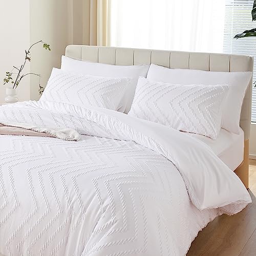 YIRDDEO White Comforter Queen Size 3Pcs Boho Chevron Comforter Set Queen White Farmhouse Bedding Sets Queen, Vertical Tufted Comforter, Lightweight Neutral Boho Bed Set (1 Comforter, 2 Pillowcases)