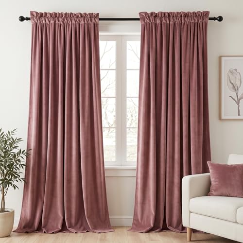 Dchola Wild Rose Velvet Curtains for Bedroom Window, Super Soft Vintage Luxury Heavy Drapes, Room Darkening Rod Pocket Curtain for Living Room, W52 by L63 inches, 2 Panels