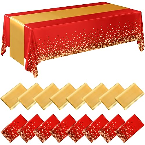 Tudomro 16 Pieces Disposable Tablecloth Plastic Rectangle Table Cloth Table Cover 54 x 108 Inch with 12 x 108 Inch Satin Table Runner for Wedding Birthday Party Decorations (Red, Gold)