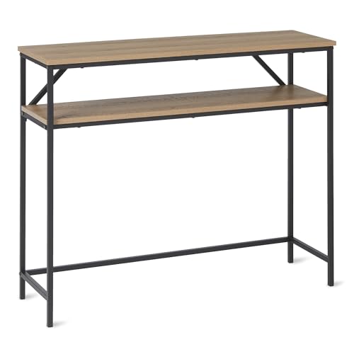 Amazon Basics Rectangular Console Table with Storage Shelf, Steel Frame, 30D x 100W x 80H cm, Oak Finish