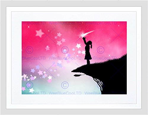 Wee Blue Coo Nursery Silhouette Pink Sky Stars Girl Kids Bedroom Framed Wall Art Print