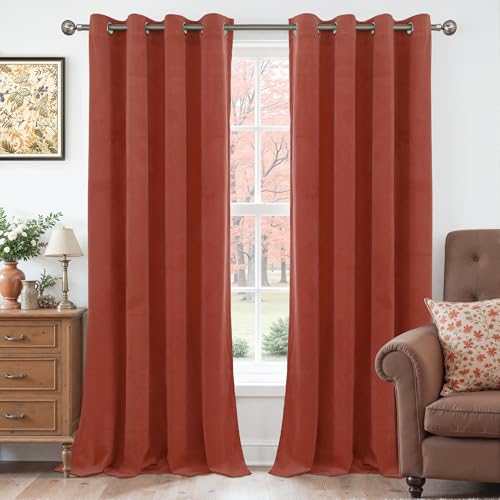 YoungsTex Rust Terracotta Velvet Blackout Curtains 84 Inches Long 2 Panels for Living Room Fall Decor, Burnt Orange Thermal Insulated Drapes with Grommet for Dining Bedroom, 52 X 84 Inch