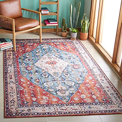 Safavieh Traditional Rug Ideal for High Traffic Areas - Machine Washable and Non Slip - Tucson Collection, Short Pile, in Beige and Blue, 152 X 244 cm