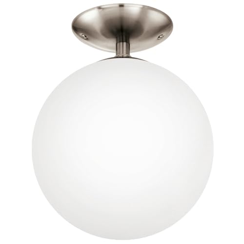Eglo Rondo Round Ceiling Light, Matt Nickel Steel and Matt Opal White Glass Wall Lamp, Living Room, Kitchen and Hallway Lighting, E27 Socket