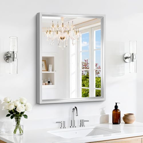 "CIVENO 18 x 24 inch Brushed Silver Bathroom Mirror, Metal Framed Rectangle Mirror, 0.6"" Thickened Deep Frame Mirrors for Living Room Bedroom Entryway, Tempered Glass, Antirust, Horizontal or Vertical"