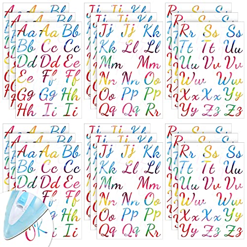 18 Sheet 624 Pieces Iron on Letters Tie Dye Iron on Letters Flock A-z Transfer Vinyl Cursive Heat Transfer for T-Shirts Clothing Stockings Printing DIY Crafts Decorations