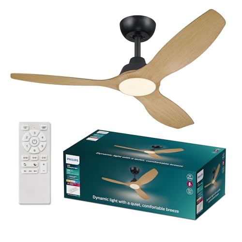 "Philips Olas Ceiling Fan, 3 Blades, 24W LED Light, DC Motor, Color Temperature Range (3000K-4300K-6500K) with Dimmable Function, Remote Included, 52"", Black and Wood"