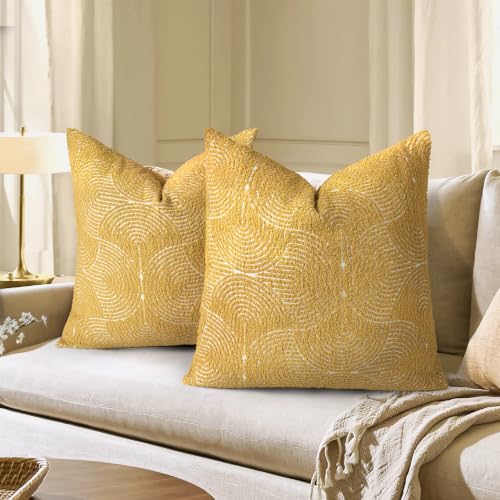AELS Boho Decorative Textured Throw Pillow Covers 24x24, Organic Modern Mid Century Rainbow Tufted Pillow Case, Farmhouse Rustic Geometric Woven Cushion Case for Bed Couch Sofa, Mustard Yellow