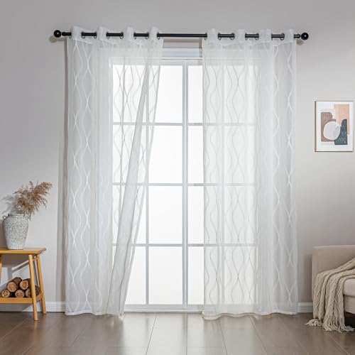 SLEEP ZONE Sheer Curtains for Living Room and Bedroom, Embroidered Sheer Curtains White Sheer Curtain 42 ?? 63 inch Length of 2 Panels, White Multi-Line