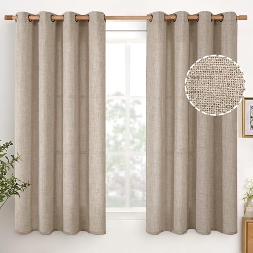 YoungsTex Oatmeal Linen Curtains 45 Inch Length, Burlap Semi Sheer Drapes with Bronze Grommet Light Filtering for Bedroom Bathroom Living Room Window, 52 x 45 Inch, 2 Panels