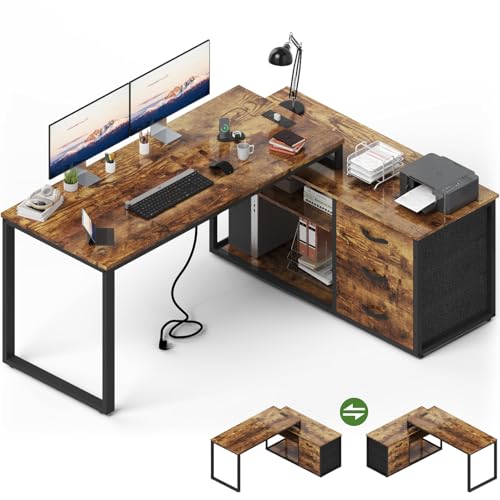 JUMMICO Corner Desk with 3 Drawers, Reversible L Shaped Computer Desk 140x105cm with Extra Storage Space,Office Desks with Power Outlet,Adjustable partition height,Browm