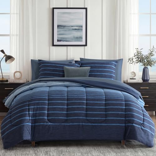 Monbix Queen Comforter Set - 7 Pieces Bed in a Bag Queen, Navy Blue-Stripe Bedding Sets, All Seasons Down Alternative Comforter Bed Set with Sheets, Pillowcases & Shams