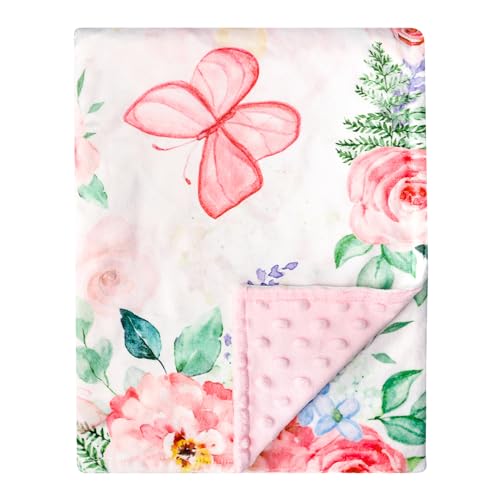 Baby Blankets for Girls Super Soft Minky Toddler Blanket 30x40 Inches, Double Layer, Dotted Backing, Floral Baby Crib Blanket for Nursery, Baby Car Seat, Pet, Pink Flower