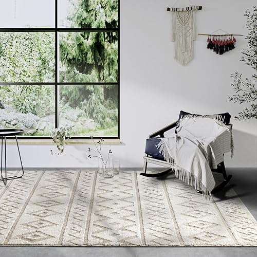 Elle Decor ation Itinerance High Pile Rug, Modern Living Room Rug, Long Pile Shaggy, Modern Pattern, Fluffy, Soft for Living Room, Bedroom, Teenager's Room - Beige, 120 x 170 cm