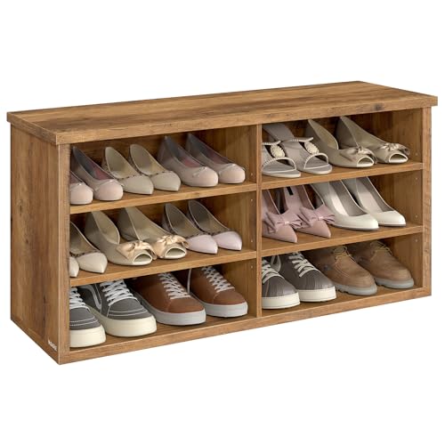 VASAGLE Shoe Bench, Storage Bench, 6 Compartments, Adjustable Shelves, for Living Room, Hallway, 29.5 x 100 x 50 cm, Honey Brown LSB036K01