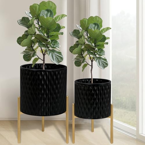 ARNIS Plants Pots with Stand, Indoor Planter Pots, Unique Mid Century Decorative Metal Flower Pots with Drainage,8 & 10.25 Inch, Black