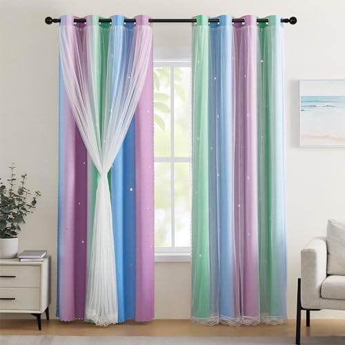 XiDi Star Curtains for Girls Bedroom Kids Decor 2 Panel Set,Blackout for Living Room Curtains Green PurpleBlue52/54/2