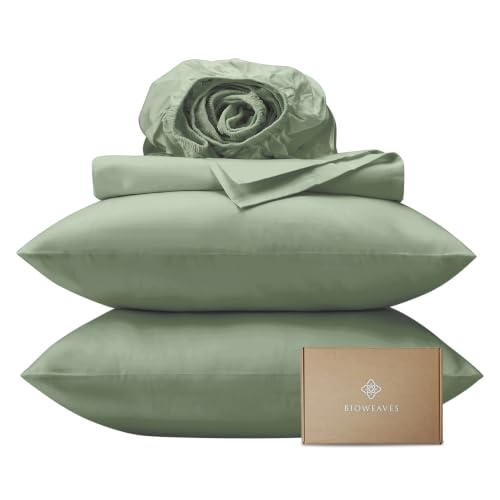 "BIOWEAVES 100% Organic Cotton Sheets, 300 Thread Count 4-Piece GOTS Certified Bed Sheet Set Fits Mattress Upto 17"" Deep Pocket, Soft & Silky Sateen Weave (Queen, Basil)"