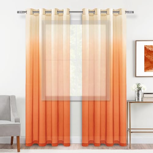 DWCN Ombre Sheer Curtains - Faux Linen Gradient Semi Voile Grommet Top Drapes Bedroom and Living Room Curtains, Set of 2 Window Curtain Panels, 52 x 96 Inch Length, Sunset Orange