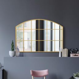 "MirrorOutlet The Arcus - Gold Framed Modern Over Mantle Arched Wall Window Mirror 43"" X 29"" (110CM X 75CM) Silver Mirror Glass with Black All weather Backing.…"