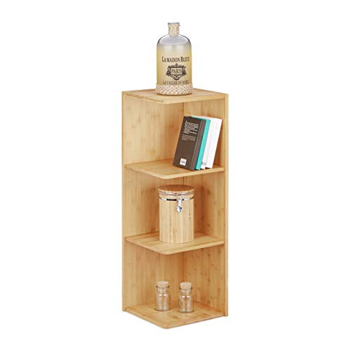 Relaxdays Bamboo Corner Shelf, 3 Shelves, HxWxD: 85.5 x 29 x 29 cm, Bookcase, Kitchen Storage Unit, Natural Brown