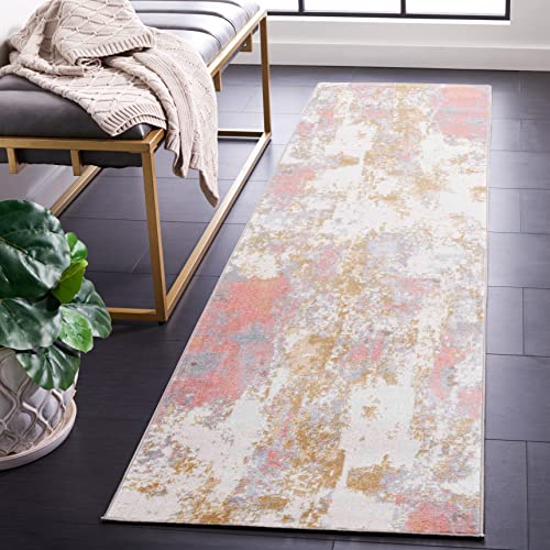 Safavieh Traditional Rug Ideal for High Traffic Areas - Machine Washable - Arizona Collection, Short Pile, in Pink and Grey, 66 X 244 cm