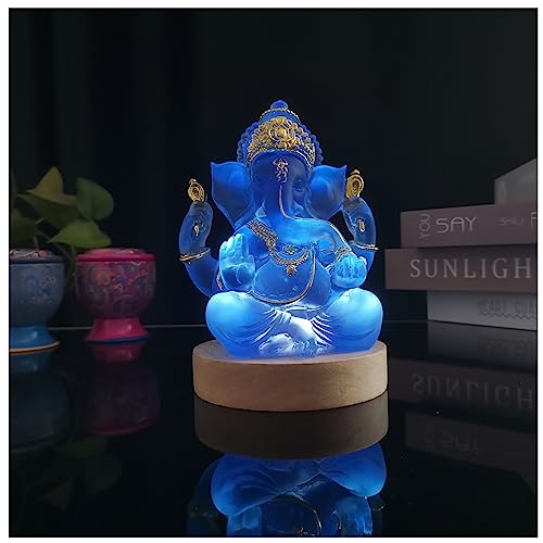 Ganesha Statues with LED Light Base, Ganpati Elephant Hindu God Statues, Ganesha Idol for Home Decor, Resin Buddha Figurine Sculpture for Indian Room Temple Decoration