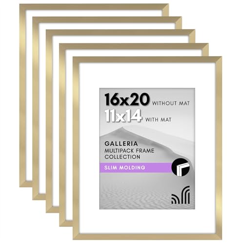Americanflat 16x20 Picture Frame with Polished Plexiglass - Set of 5 - Use as 11x14 Frame with Mat or 16x20 Frame Without Mat - Galleria Collection - Gallery Wall Frame Set for Wall Display - Gold