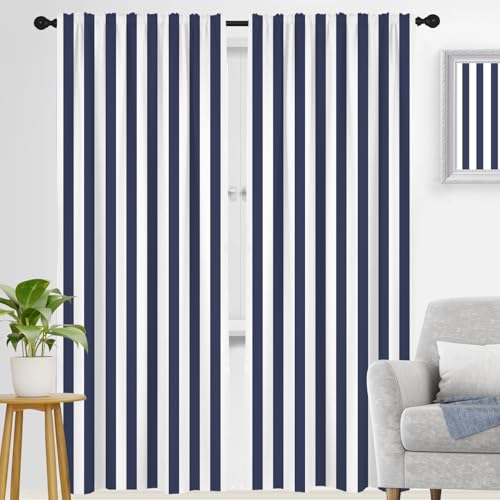 "zokyer Striped Navy Blue Window Curtain Long Boho White Farmhouse Modern Retro Rustic Trendy Neutral Art Simple 42"" W x 84"" L for Bedroom Living Room 2 Panels Rod Pocket Drapes"