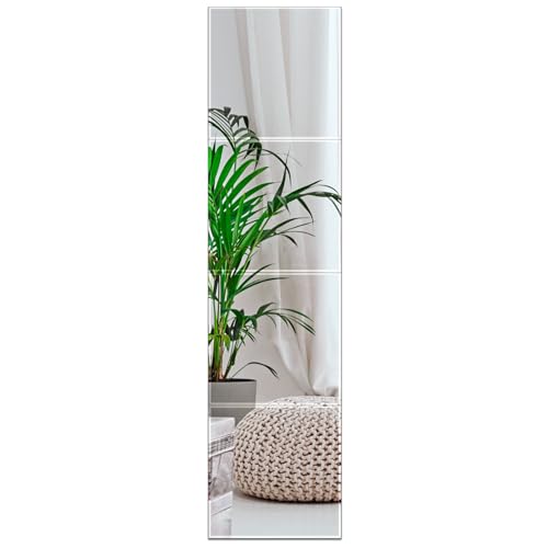 PETAFLOP Full Length Mirror Tiles, 4PCS 28x28 cm Self Adhesive Glass Mirrors for Home Gym Bedroom Living Room Dorm, Silver