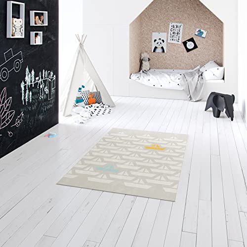 BALTA Children's Boat Rug, Rectangular Short Pile, Ideal for Children's Room – Playroom, Easy Care – Stain Resistant, Polypropylene, 160 x 230 cm, Grey