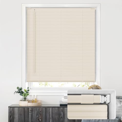 "LazBlinds No Drill Vinyl Mini Blinds, 26"" W x 48"" H, Beige - S-Shaped Slats Create a Tighter Seal, Ideal for Bedrooms, Kitchens & Bathrooms"