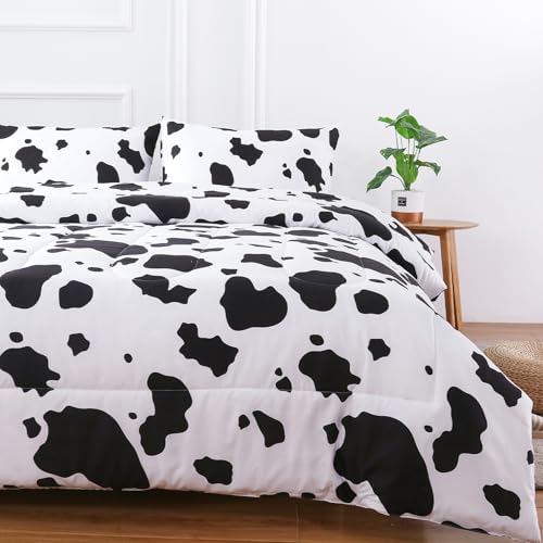 PERFEMET 3Pcs Cow Print Comforter Set King Size Black and White Cute Geometric Cow Bedding Set Soft Reversible Plaid Grid Bed Quilted Set for Kids Teens Boys Girls