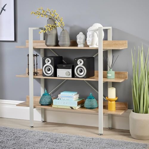 Home Source Urban 3 Tier Wide Bookcase Display Rack Ladder Storage, Metal Frame, Oak Effect, Grey