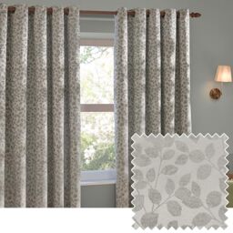 furn. Wylder Grace Leaf Eyelet Curtain Pair – Matt Satin Jacquard Room Darkening Curtains (Mist Grey – Width 168 x Drop 229cm)