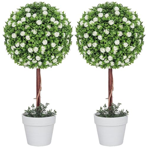 HOMCOM Set of 2 Decorative Artificial Plants, Ball Topiary Tree with Rose Flower in Pot, Fake Plants for Home Indoor Outdoor Decor, 60cm, White