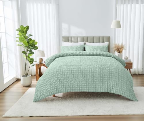GC GAVENO CAVAILIA Textured Waffle King Size Bedding Set With Pillow Cases - Lightweight Microfiber Duvet Cover Set - Button Closure Hypoallergenic, Reversible Comforter Cover - 220x230cm, Sage Green