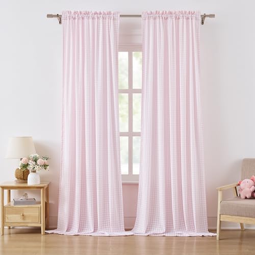 "ZJDECOR Pink White Buffalo Plaid Curtains 95 Inches Length for Bedroom - Crinkled Not-See-Through Sheer Drapes,Farmhouse Living Room Window Treatment,Rod Pocket,Tiebacks Included,52""Wx95""Lx2"