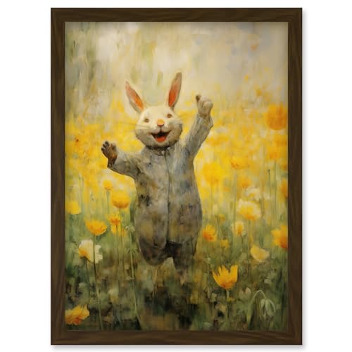 Artery8 Tulips and Rabbit Watercolour Fun Kids Baby Nursery Artwork Framed Wall Art Print A4