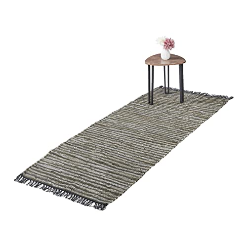 Relaxdays Boho Runner Rug, Cotton and Leather, Non-Slip, Hand-Woven, with Tassels, Hallway, Kitchen, 80 x 200 cm, Green, 90% 10%