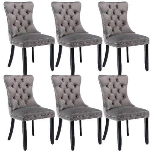 Merax Dining Chairs Set of 6, Modern Upholstered Seating for Kitchen, Featuring Solid Wood Legs, Riveted Trim, Chrome Knocker Ring, High-end Tufted Design, Soft Velvet Upholstery, Grey